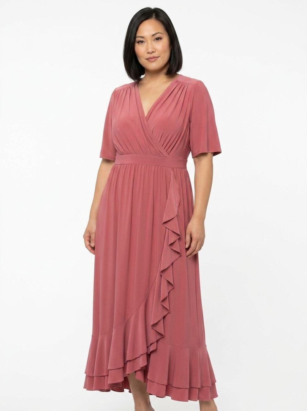 Kiyonna Made in USA Pink Wrap Maxi Ruffle Knit Dress Women Plus Size 5X